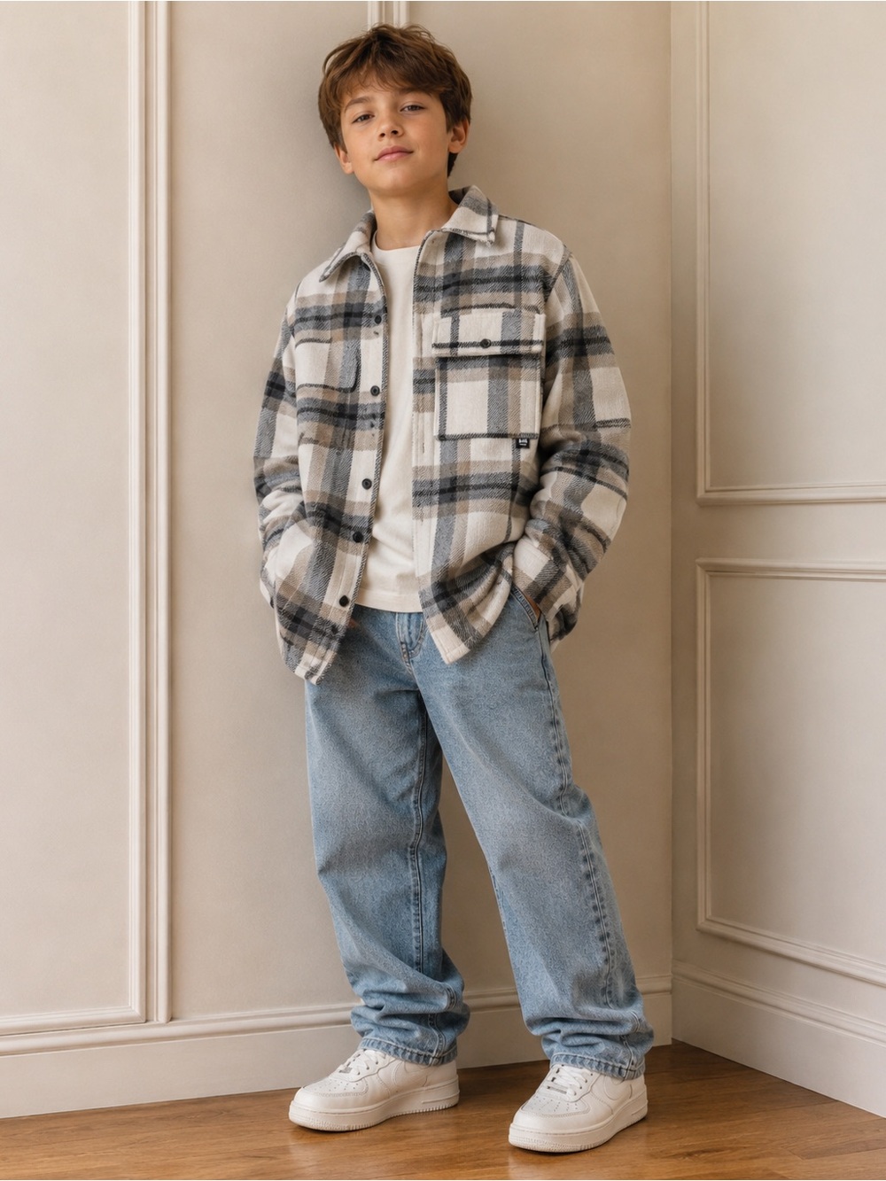Zara Kids Neutral Plaid Shacket in Cream, Gray & Tan